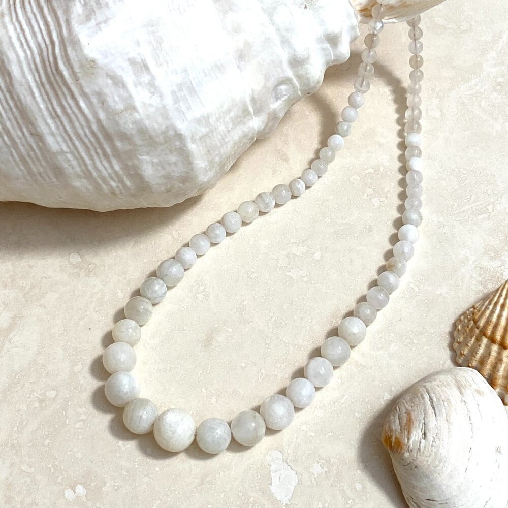 Genuine White Moonstone Graduated Bead Necklace,Classic Gemstone Beaded Necklace